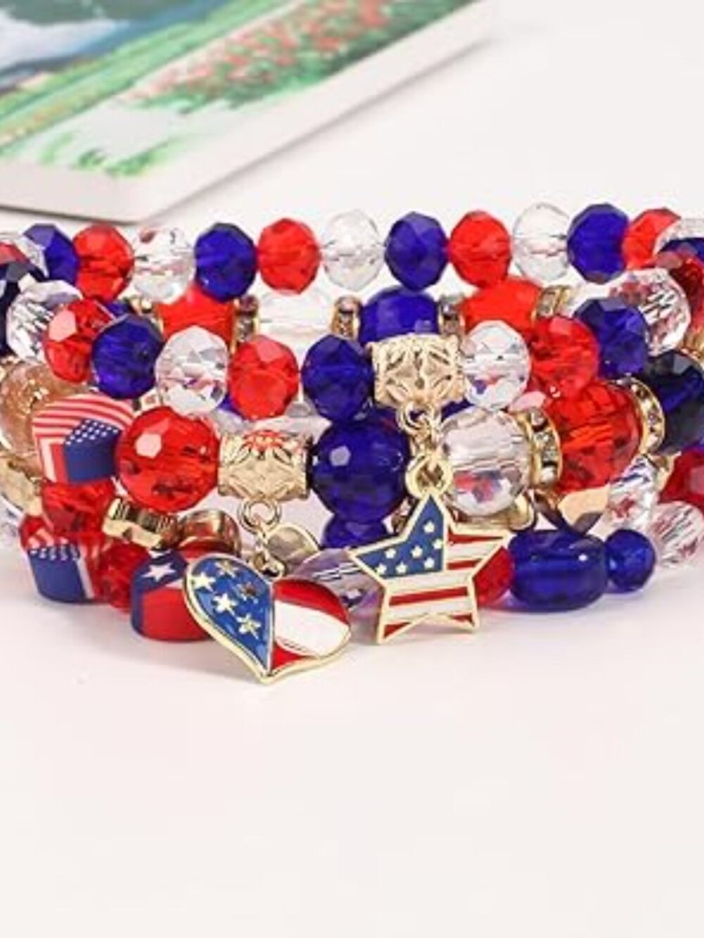 4 Pc Bracelet Set‎ Heart Star Red White and Blue